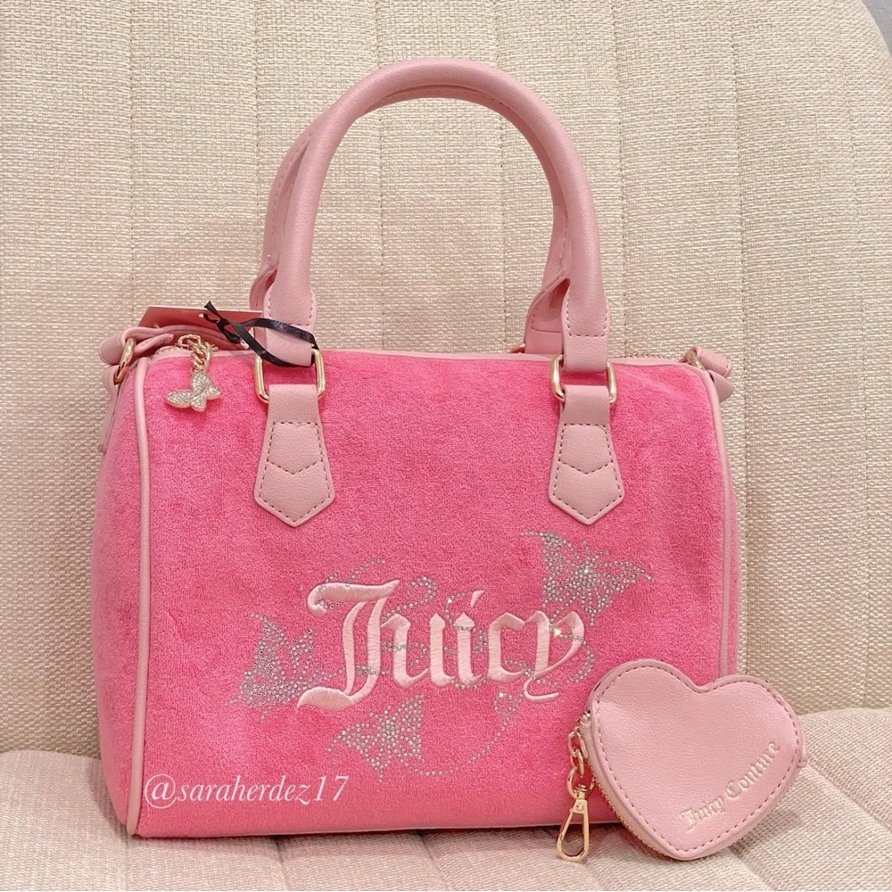 NEW Juicy Couture Pink Terry Cloth Barrel Bag Butterfly‎ Rhinestone Satchel